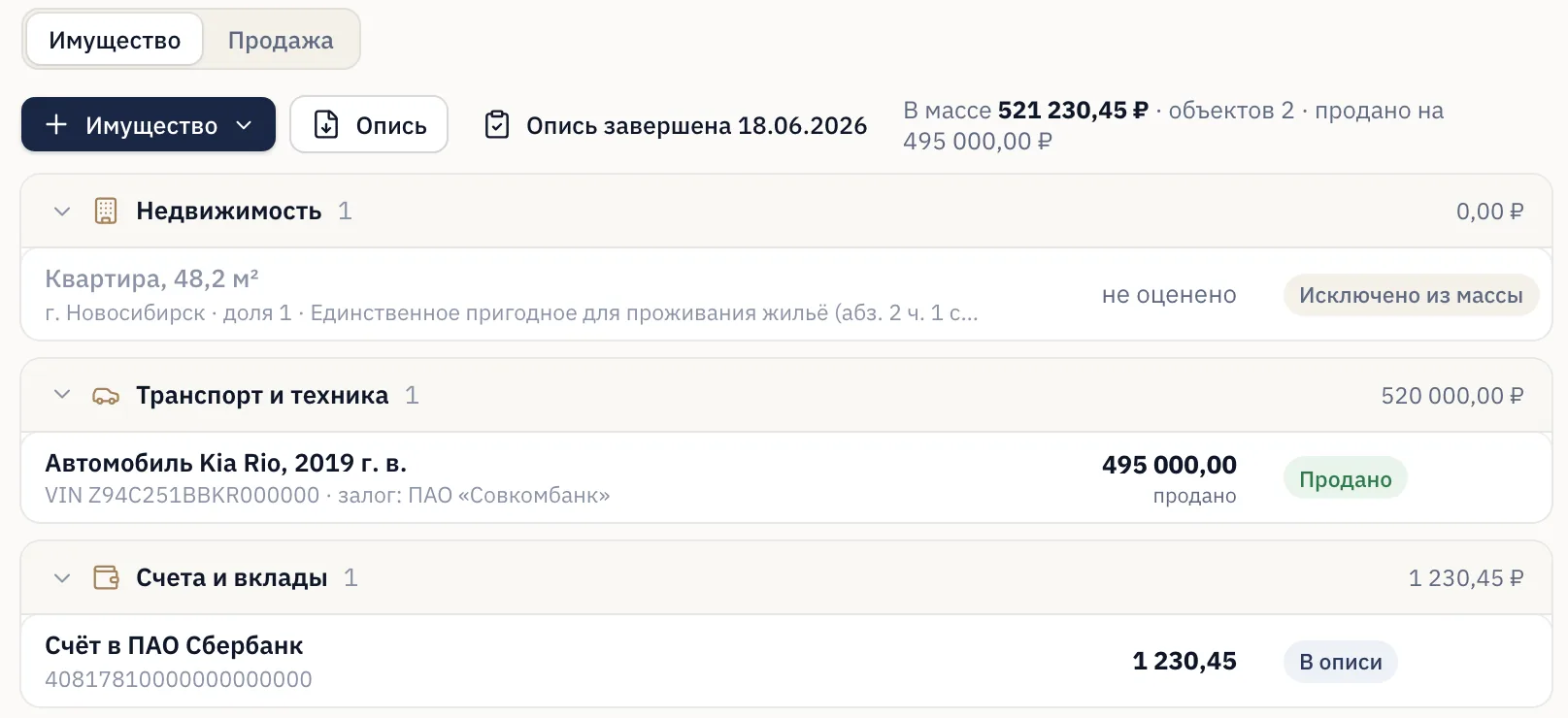 Имущество должника по видам: квартира исключена из массы, автомобиль продан, счёт в описи